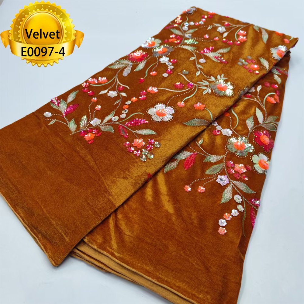 Embroidery flower ladies dress lace fabric african burgundy velvet lace fabric with sequins 2023