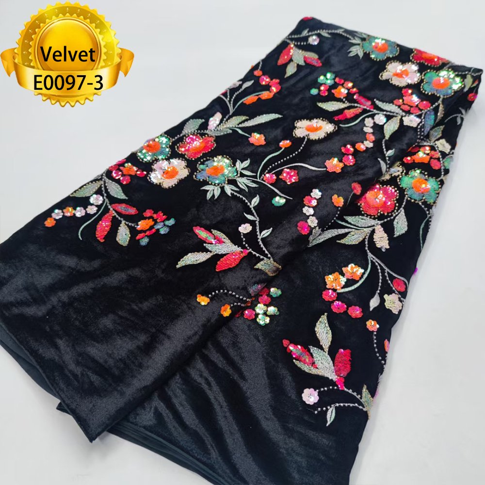 Embroidery flower ladies dress lace fabric african burgundy velvet lace fabric with sequins 2023