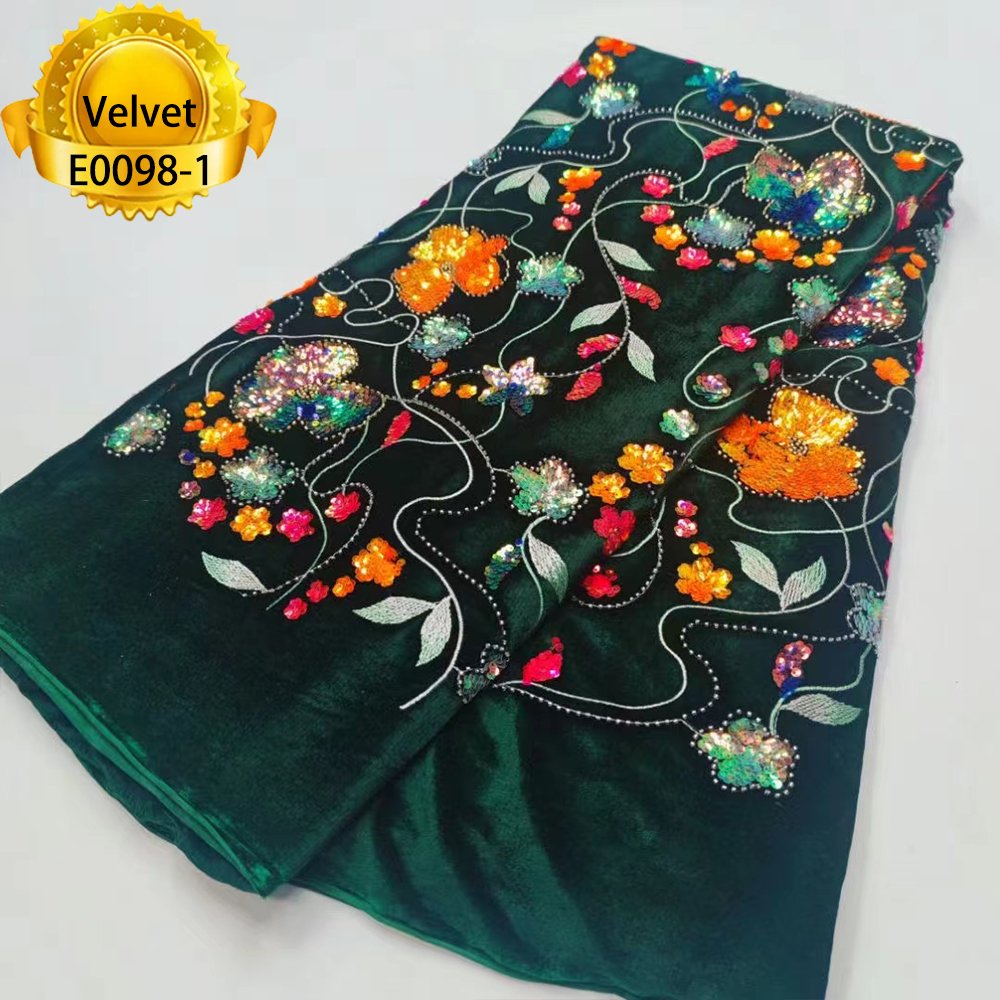 Embroidery flower ladies dress lace fabric african burgundy velvet lace fabric with sequins 2023