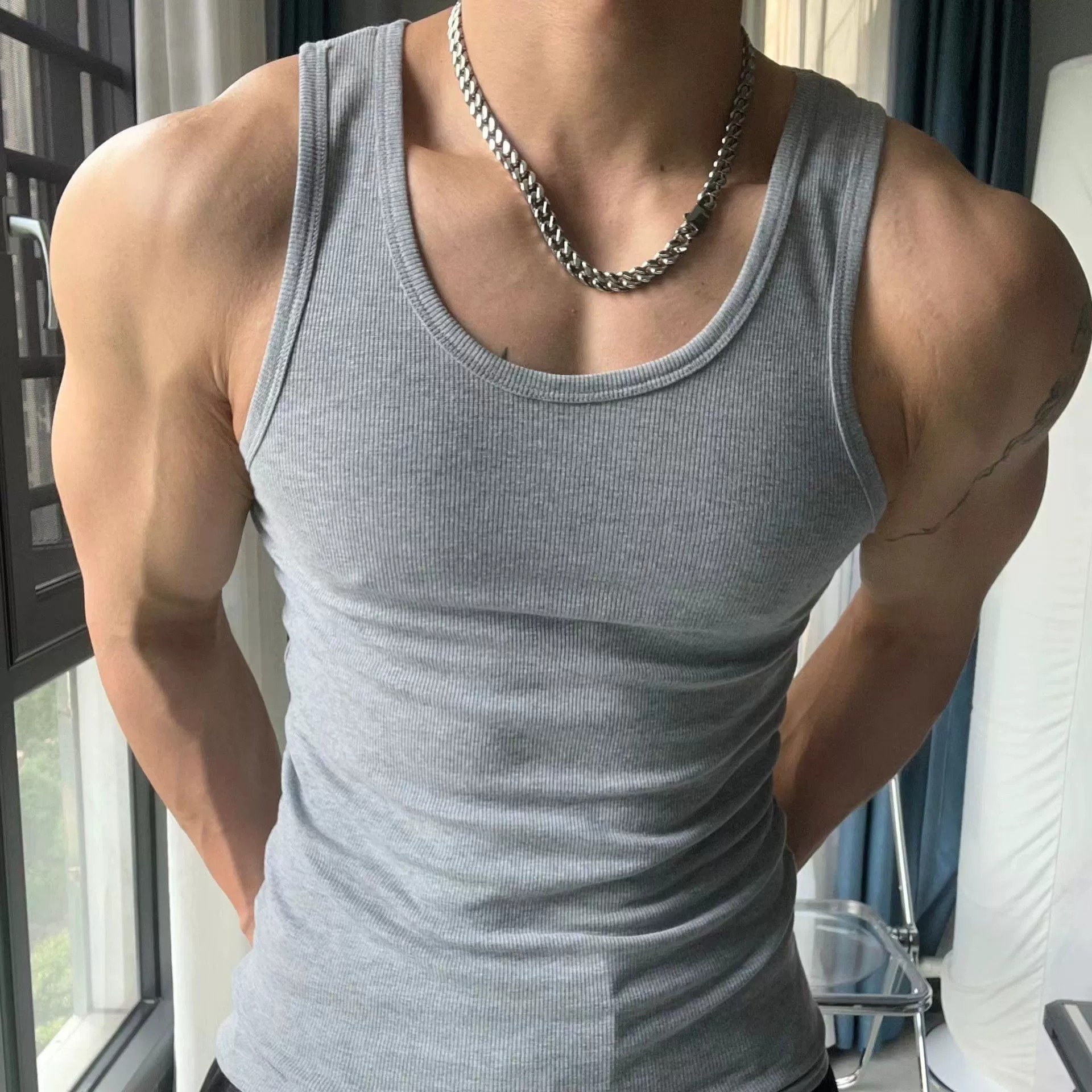 Ribbing Thread Slim Stretch Men's Sports Sleeveless T-shirt Fitness Vest Quick Drying Muscle Train Clothes Summer men tank top