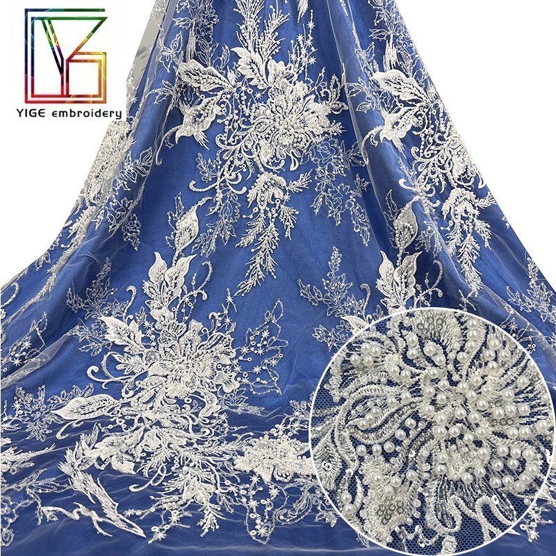 New Top end women embroidery fabric with handwork beaded sequins tulle lace with heavy white pearls bridal lace fabric