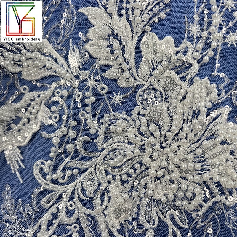 New Top end women embroidery fabric with handwork beaded sequins tulle lace with heavy white pearls bridal lace fabric
