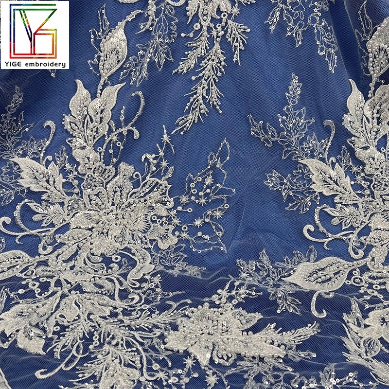 New Top end women embroidery fabric with handwork beaded sequins tulle lace with heavy white pearls bridal lace fabric