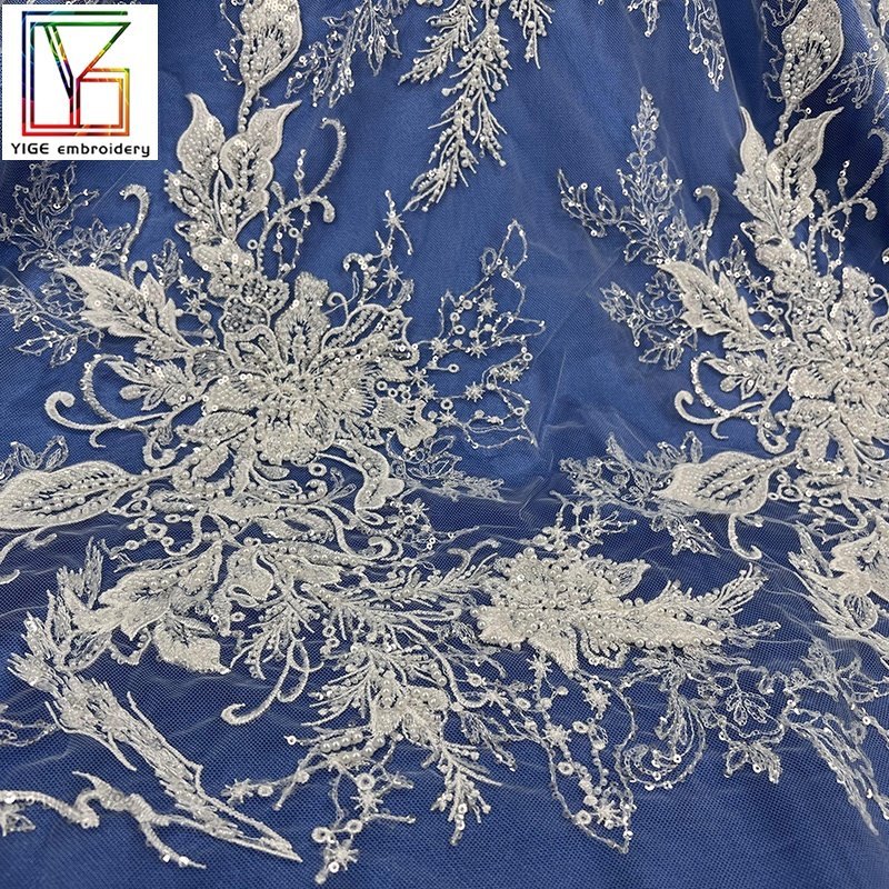 New Top end women embroidery fabric with handwork beaded sequins tulle lace with heavy white pearls bridal lace fabric
