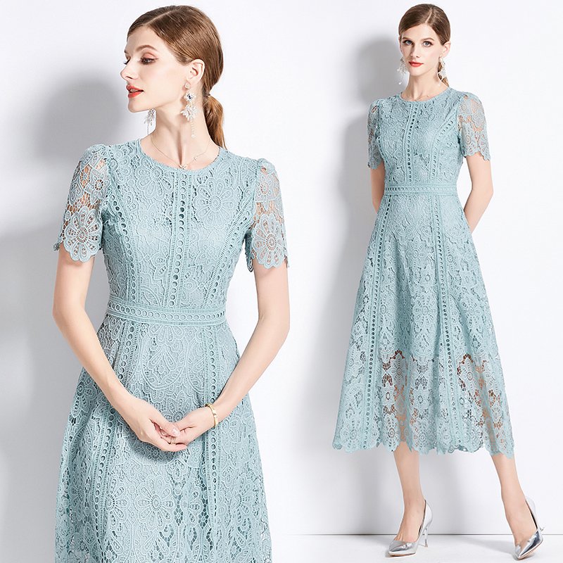 Small crowd retro round neck lotus leaf sleeve lace dress women's summer new temperament elegant dress AZ6931090
