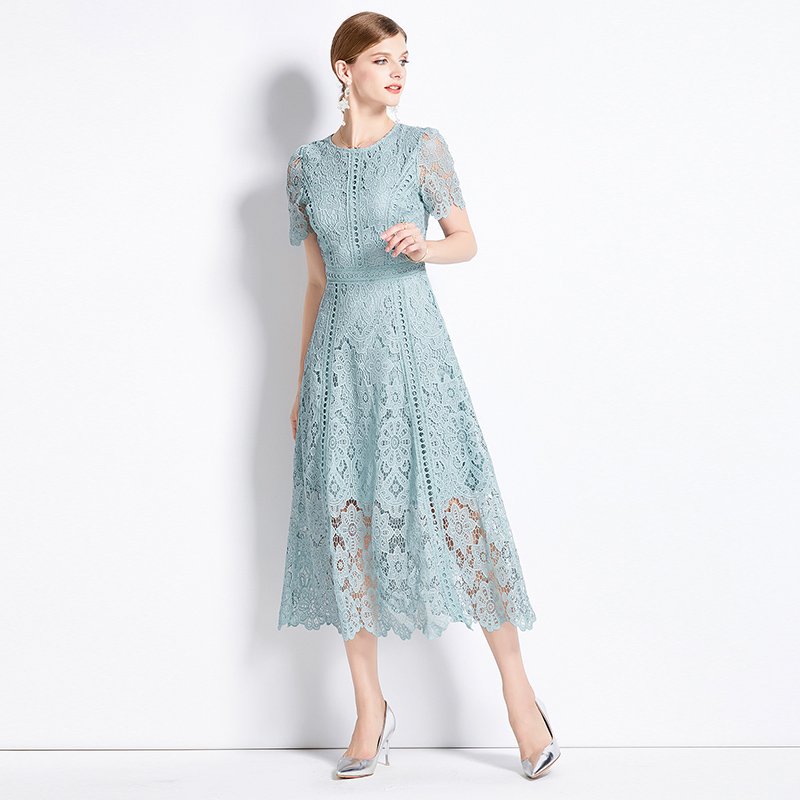 Small crowd retro round neck lotus leaf sleeve lace dress women's summer new temperament elegant dress AZ6931090