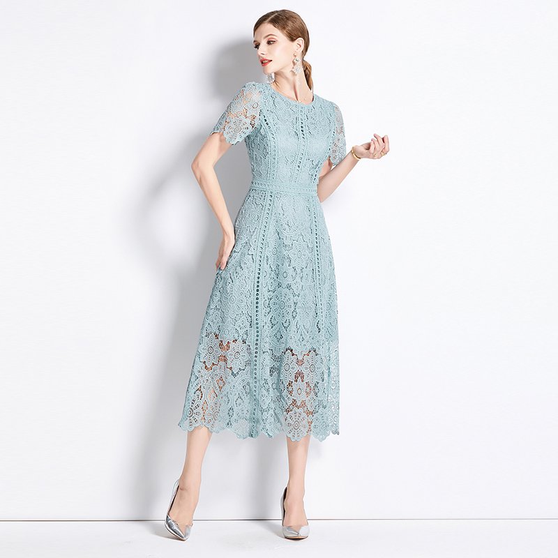 Small crowd retro round neck lotus leaf sleeve lace dress women's summer new temperament elegant dress AZ6931090