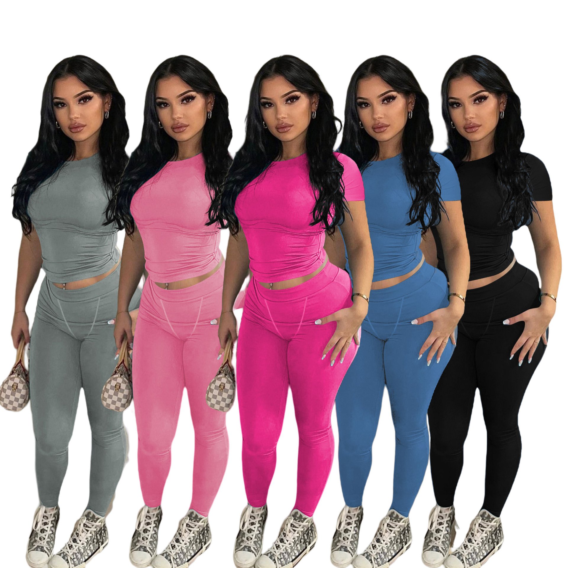 Wholesale Custom Women Plain Skinny Ribbed Top And Leggings Stretchy Outfits Short Sleeve Lounge Wear Women Two Piece Pants Set