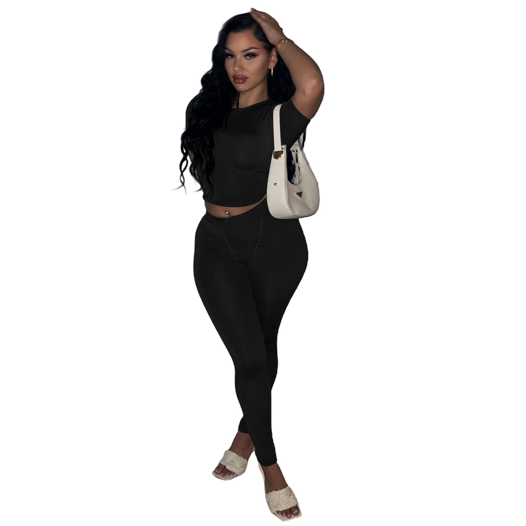 Wholesale Custom Women Plain Skinny Ribbed Top And Leggings Stretchy Outfits Short Sleeve Lounge Wear Women Two Piece Pants Set