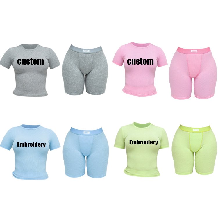 2025 Custom Embroidery Tag Ribbed Tracksuits For Women Set Shirts Shorts Loungewear Two Piece Set Women Clothing Lounge Set
