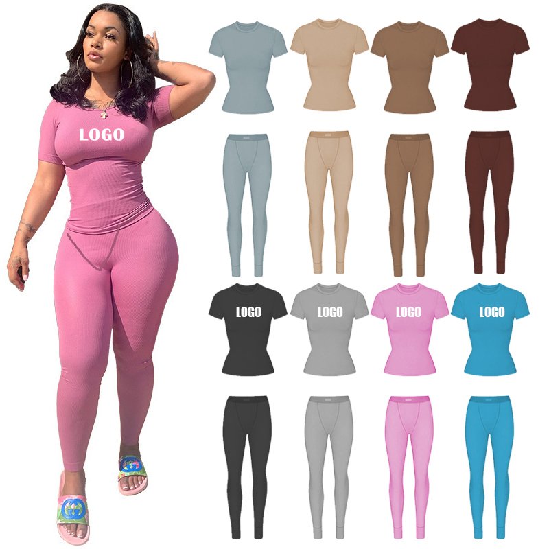 2025 Custom Embroidery Tag Ribbed Tracksuits For Women Set Shirts Shorts Loungewear Two Piece Set Women Clothing Lounge Set