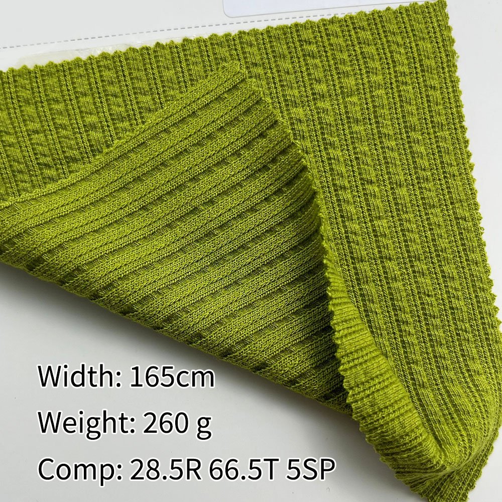 Wholesale ribbed 66.5% polyester 28.5% rayon 5% spandex 260g TR jacquard rib knitted fabric for Women tops