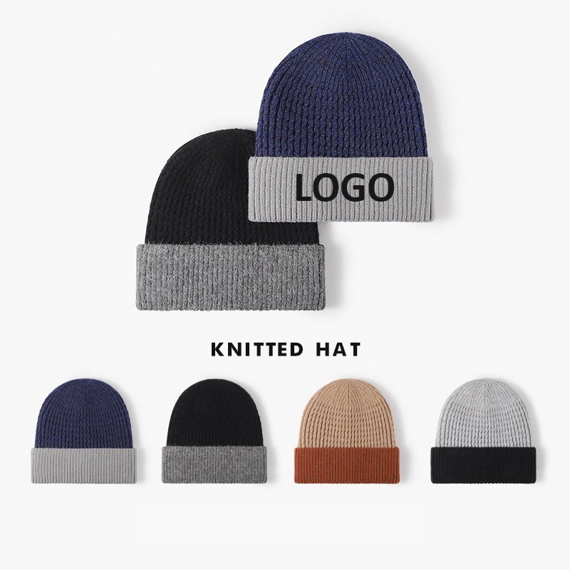 Custom Logo Two Tone Ribbed Beanie Jacquard Knitted Hat Fleece Lining Winter Beanie Hats
