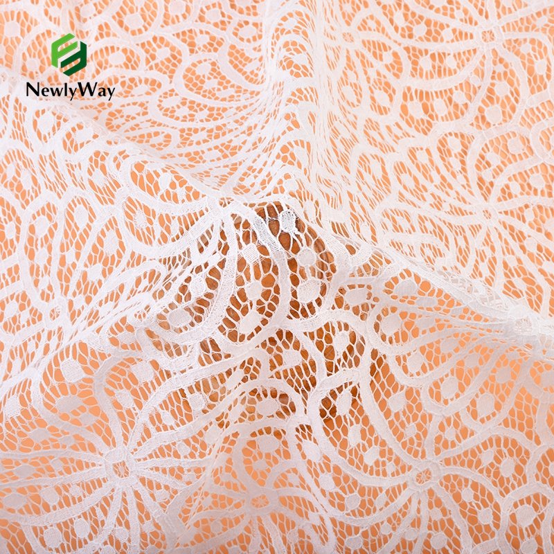 China Fujian Factory Custom 35%Nylon 65%Cotton Warp Knitted Jacquard Lace Mesh Fabric For Bridal Dress