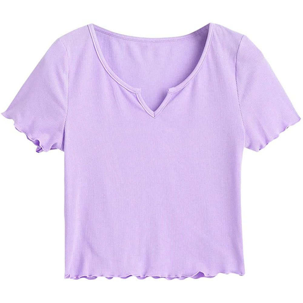 Women's 1X1 rib Crop Tops Short Sleeve V Neck T Shirt Custom logo short sleeve rib Slim fit crop top t shirt