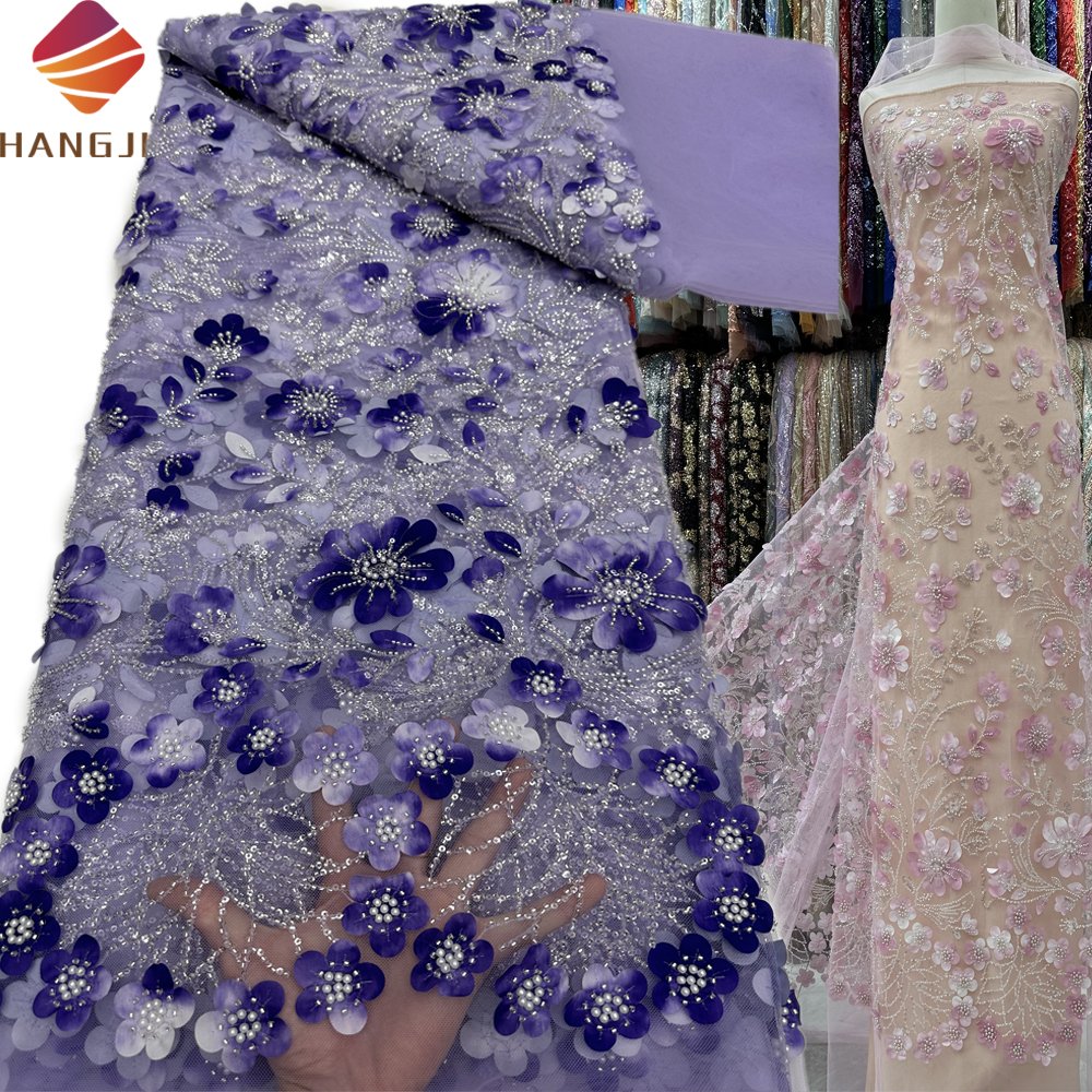 Latest African Luxury French Tulle Sequin Lace Fabric 3D Floral Embroidered Nigerian Beaded Lace Fabrics For Women Party Dress