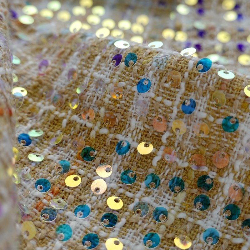 Fancy 100% polyester woven tweed woolen fabric with metallic embroidery sequin for coat