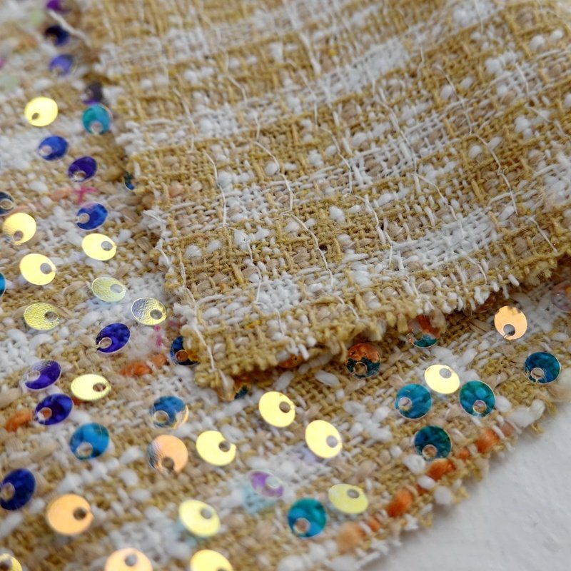 Fancy 100% polyester woven tweed woolen fabric with metallic embroidery sequin for coat