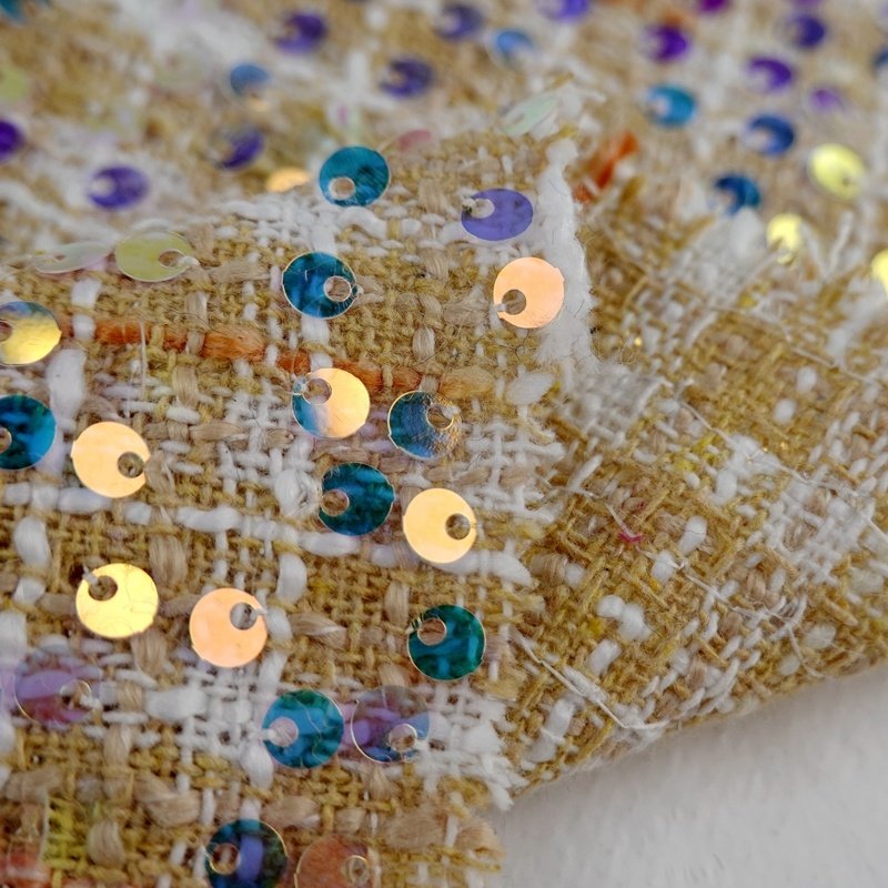 Fancy 100% polyester woven tweed woolen fabric with metallic embroidery sequin for coat