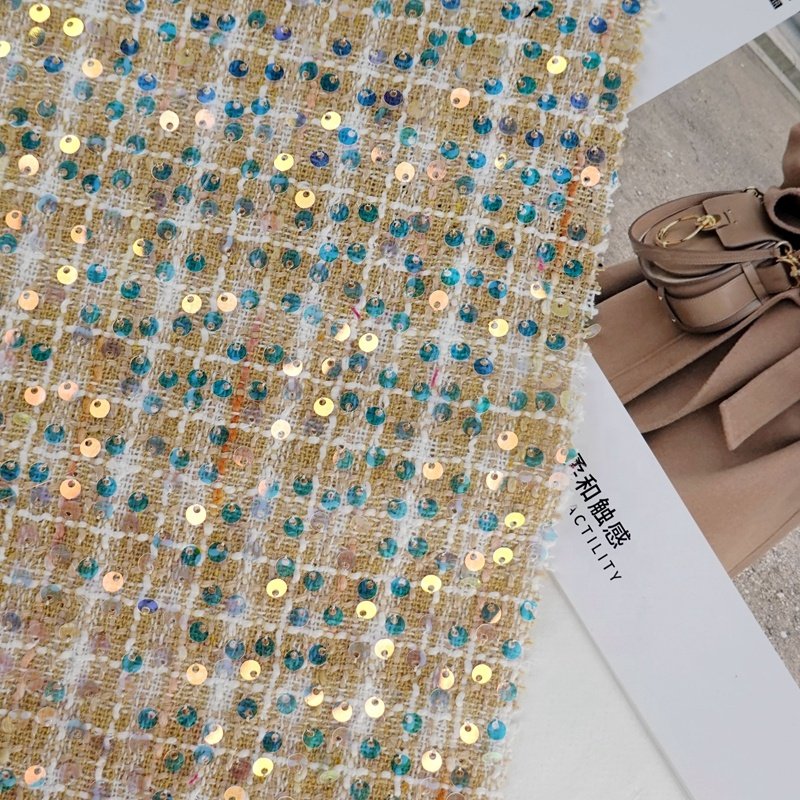 Fancy 100% polyester woven tweed woolen fabric with metallic embroidery sequin for coat