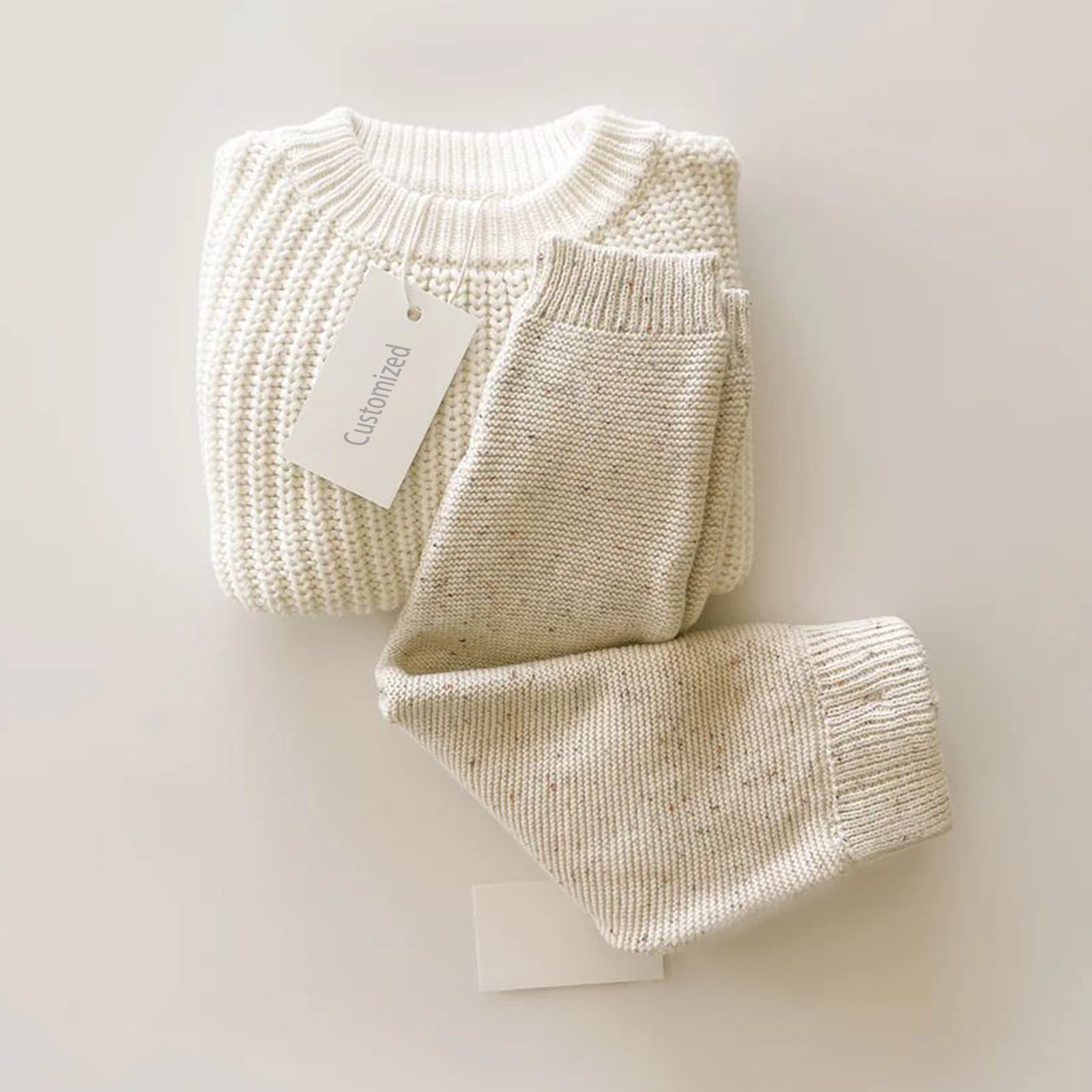 Custom Logo Colored cotton dot Baby Sweaters Sets Winter Clothes Sets Ribbed Chunky Knitted Pant Long Sleeve Kids Knit
