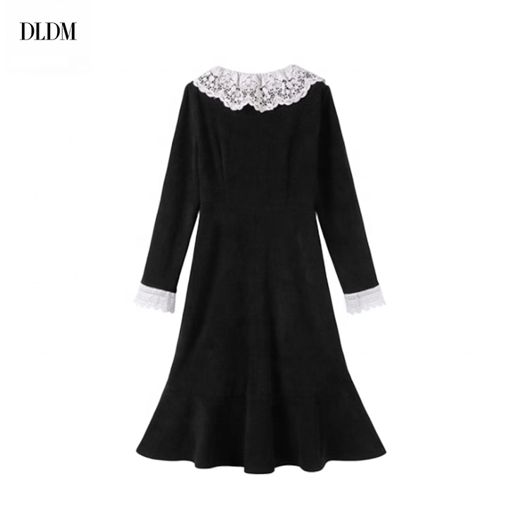 DLDM OEM&ODM Custom Design Black Vintage Ruffle Lace Button Up Collar Long Sleeve Vestidos Women's Knit Long Wool Dress Sweater