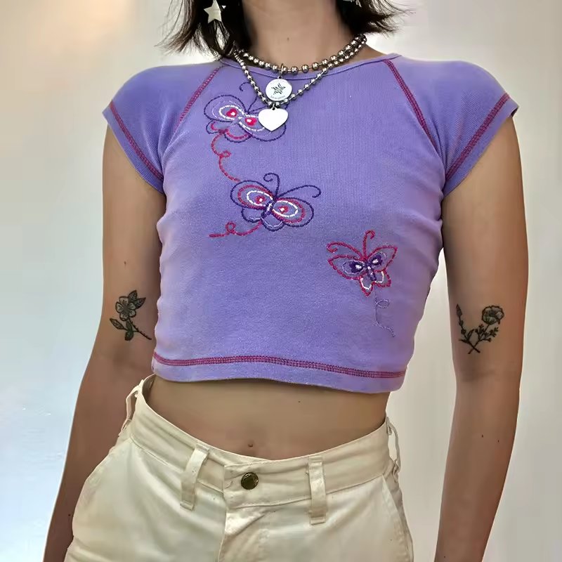 Custom LOGO Wholesale High Quality 100% Cotton Plus Size Women's Cropped Tops Ribbed Fitted Blank Puff Screen Print T-shirt