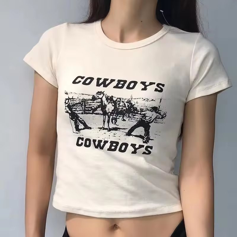 Custom LOGO Wholesale High Quality 100% Cotton Plus Size Women's Cropped Tops Ribbed Fitted Blank Puff Screen Print T-shirt