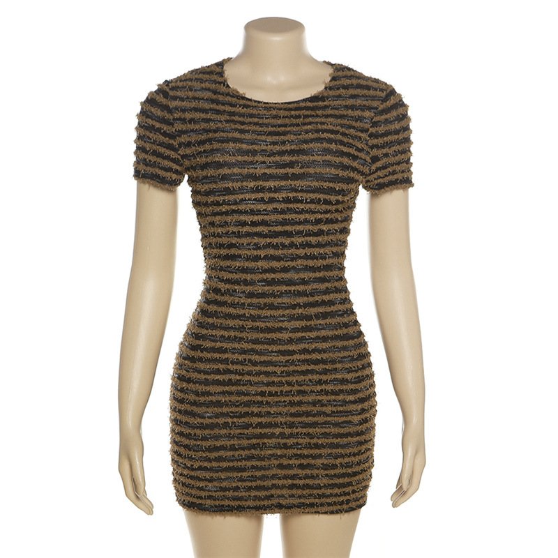 Boutique Women Clothing 2023 Short Sleeve Striped Ribbed Knit T Shirt Casual Dress Black And White Mini Dress Women