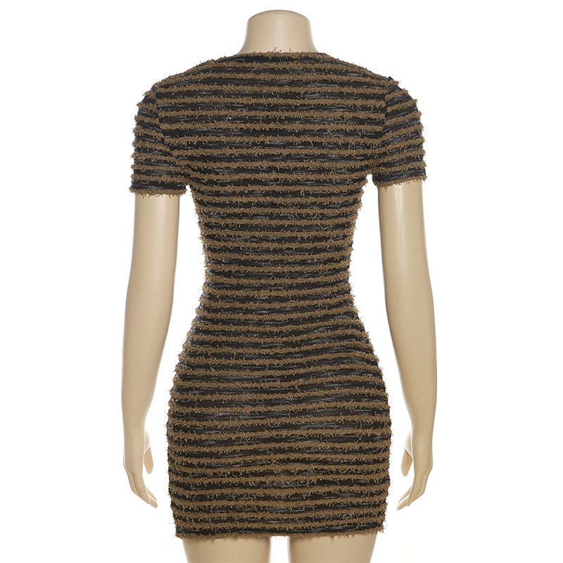 Boutique Women Clothing 2023 Short Sleeve Striped Ribbed Knit T Shirt Casual Dress Black And White Mini Dress Women
