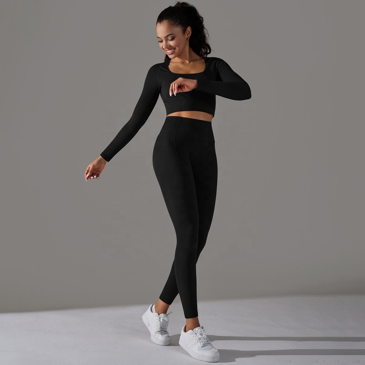 Women Workout Yoga Sport Fitness Long sleeved clothes Thick Non See Through High Waisted Tummy Control Gym Running Leggings set