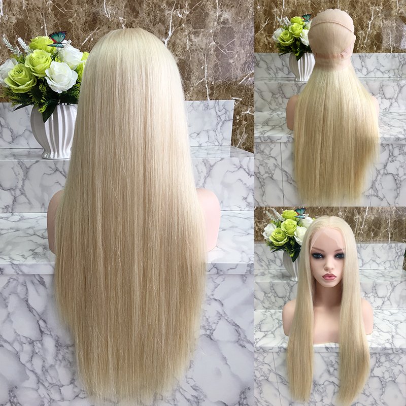 Brazilian remy human hair platinum blonde straight glusless hd full lace wig with baby hair