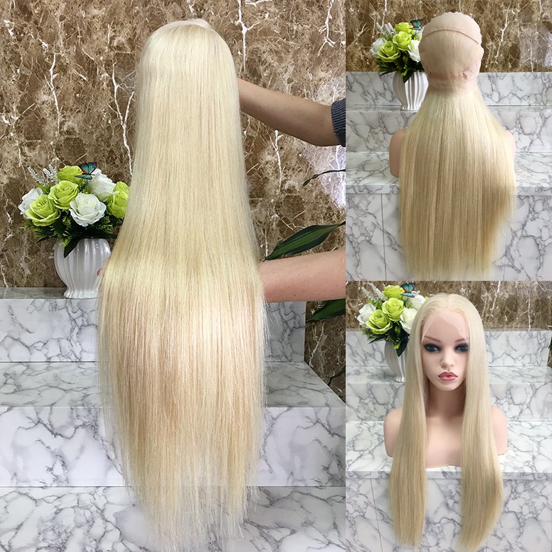 Brazilian remy human hair platinum blonde straight glusless hd full lace wig with baby hair