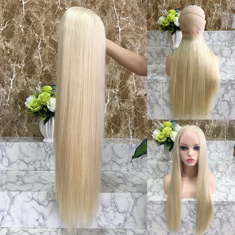 Brazilian remy human hair platinum blonde straight glusless hd full lace wig with baby hair