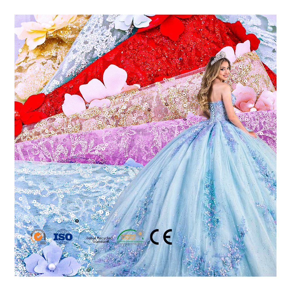 Hot Sale Colorful 3D Flower Lace Fabric Applique Glitter 3D Embroidery Fabric For quinceanera dresses