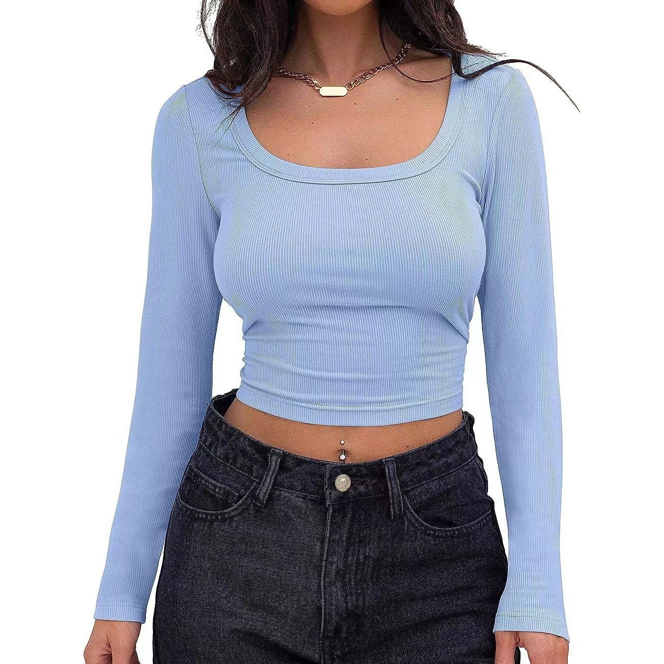 Hot selling new style custom embroidery design long sleeve ribbed crop top sexy crop tops for women