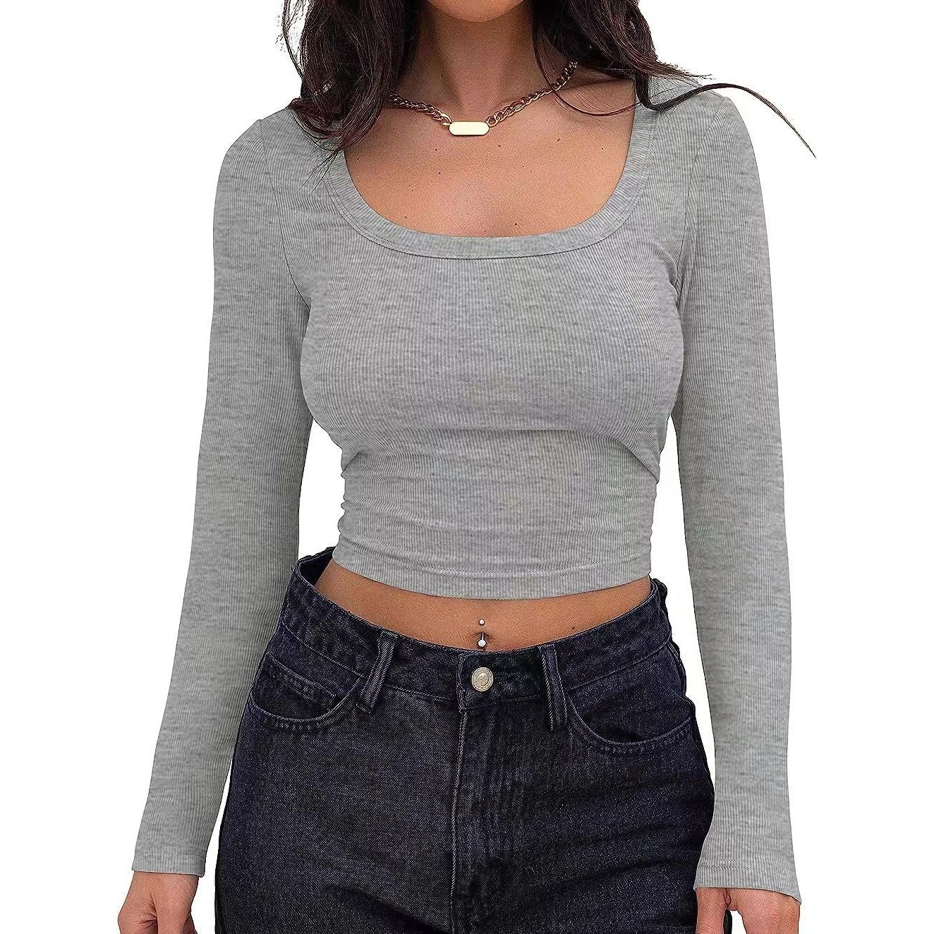Hot selling new style custom embroidery design long sleeve ribbed crop top sexy crop tops for women