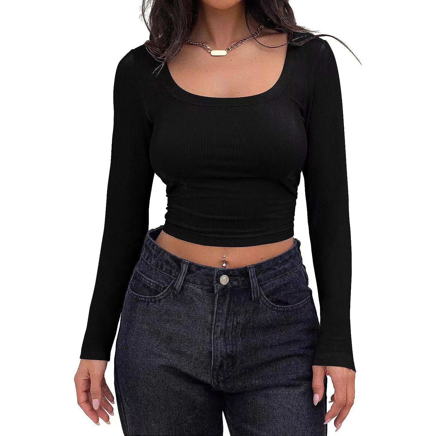 Hot selling new style custom embroidery design long sleeve ribbed crop top sexy crop tops for women