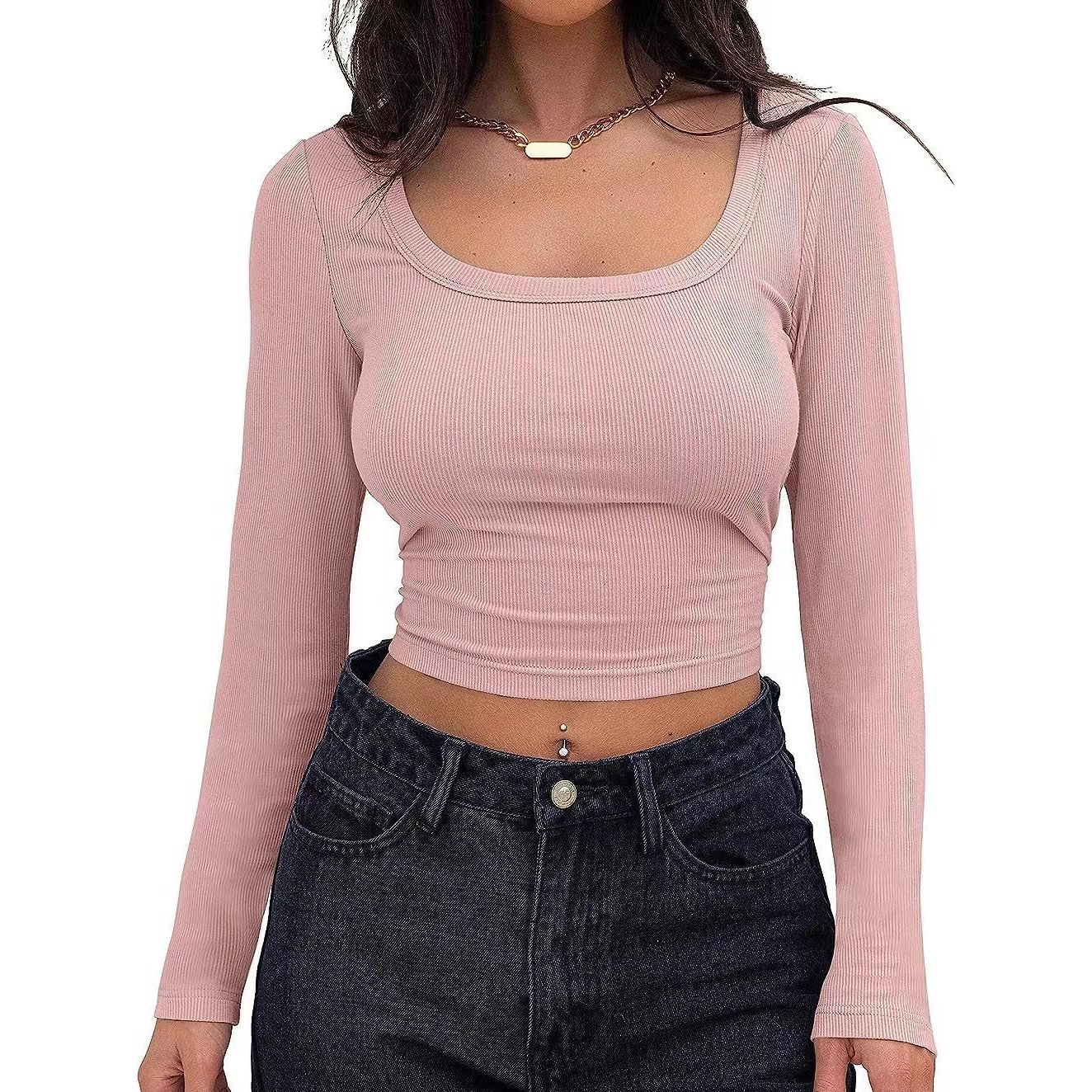 Hot selling new style custom embroidery design long sleeve ribbed crop top sexy crop tops for women