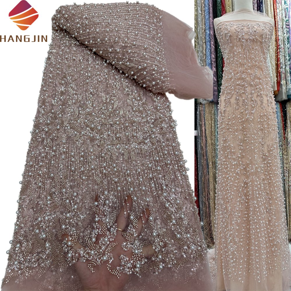 Fashion African Heavy Embroidery Lace Fabric High Quality Lace With Beads And Pearls Sequins French Tulle Lace Fabric Wedding