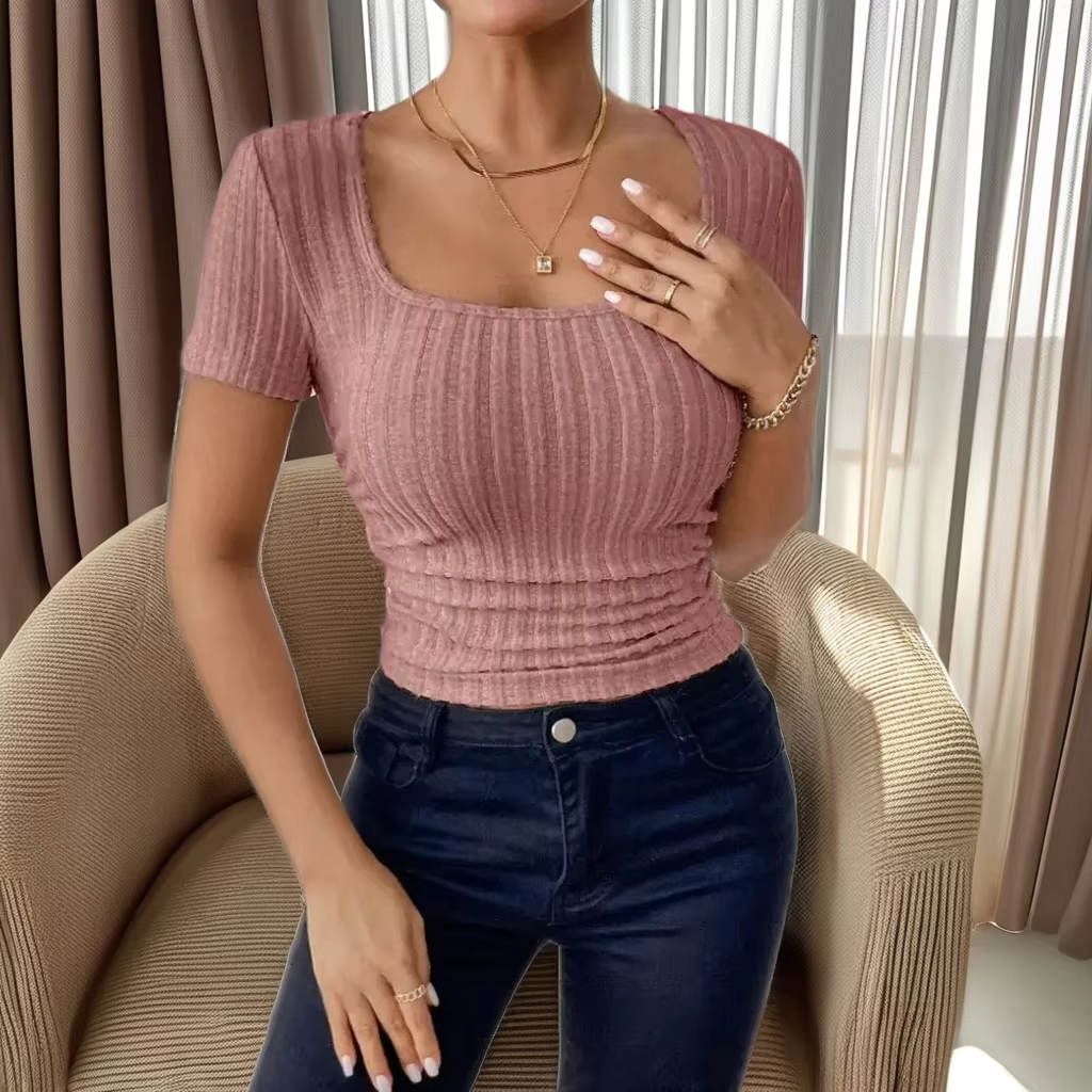 French Square Neck, Pleated Side, Short Sleeve T-Shirt, Brushed Pit Fabric, Women's Elegant Clothing