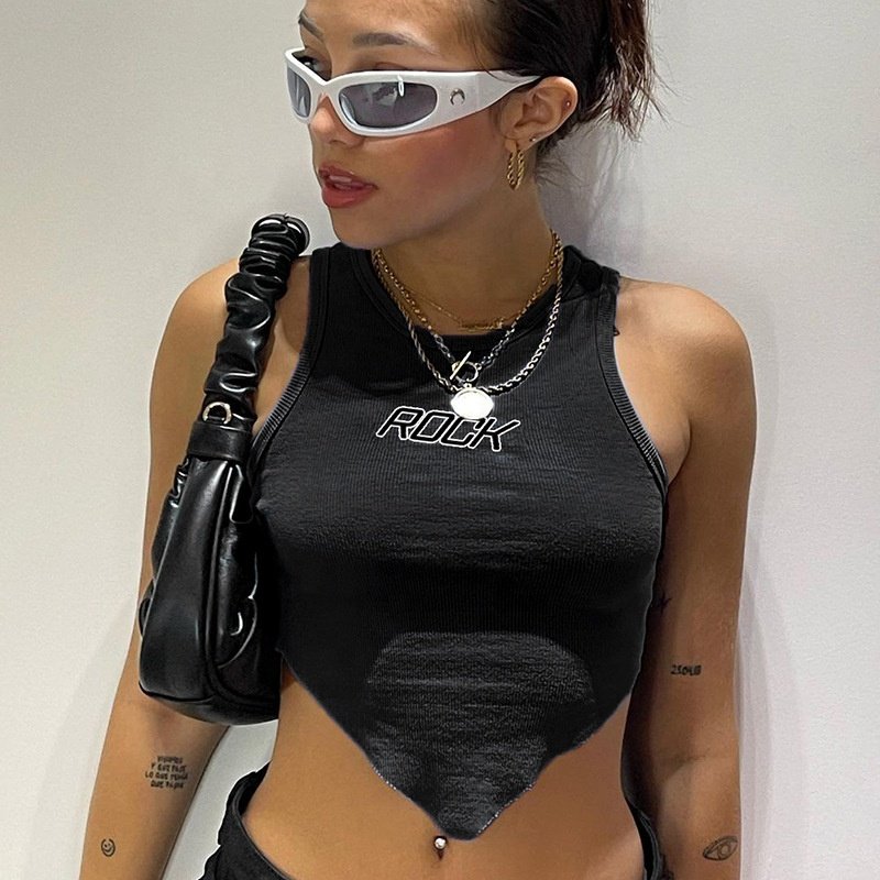 KY Women's Cropped Sleeveless V Washed Rib Jersey Fabric Tops New Design Raw Edge XS Crew Neck Club Daily Hip Hop Compressed