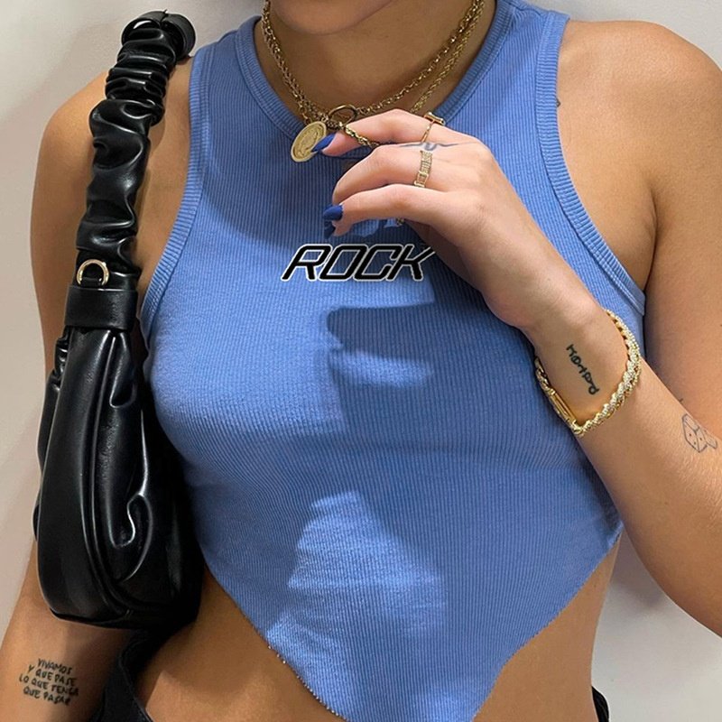 KY Women's Cropped Sleeveless V Washed Rib Jersey Fabric Tops New Design Raw Edge XS Crew Neck Club Daily Hip Hop Compressed