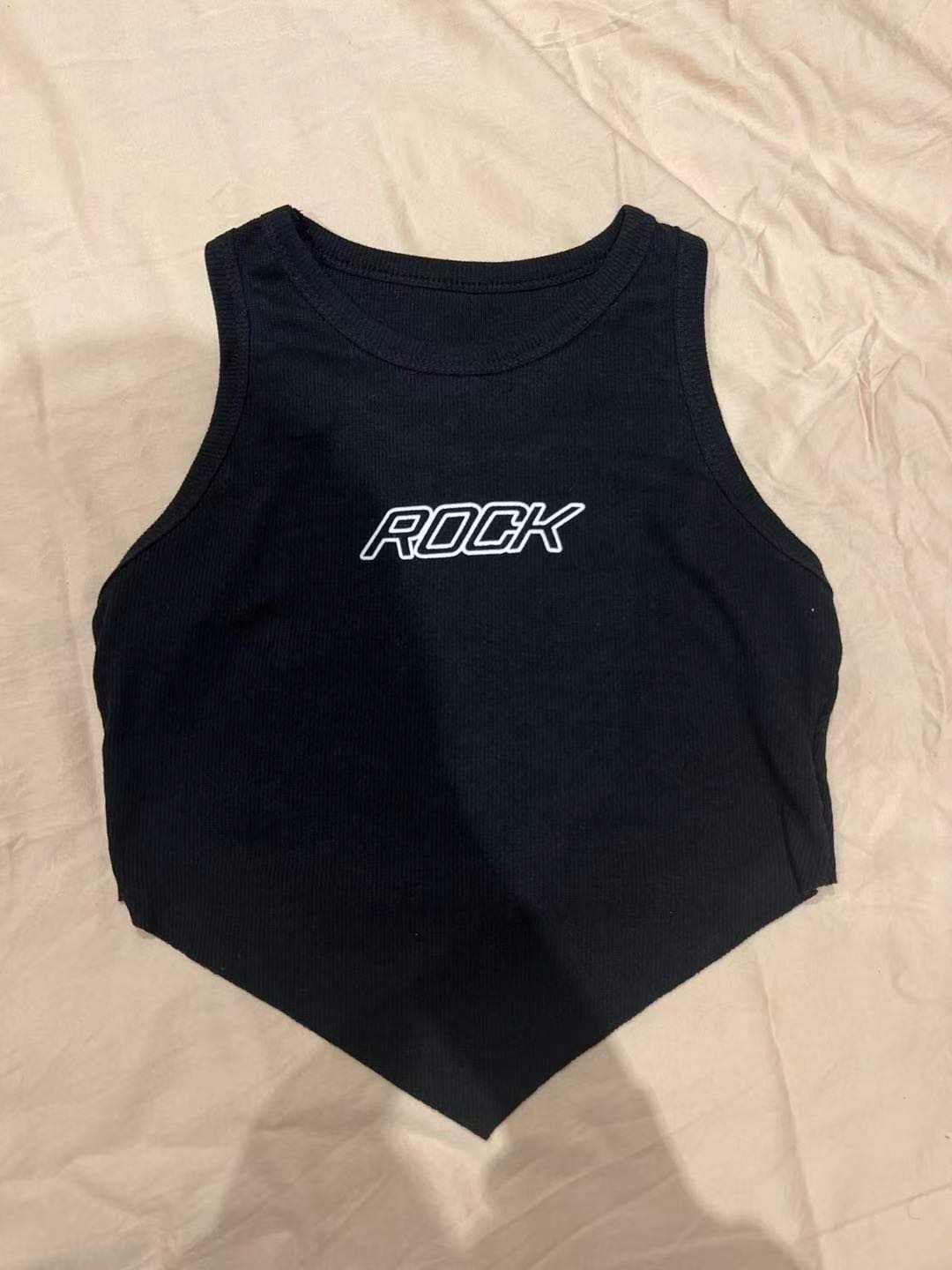 KY Women's Cropped Sleeveless V Washed Rib Jersey Fabric Tops New Design Raw Edge XS Crew Neck Club Daily Hip Hop Compressed