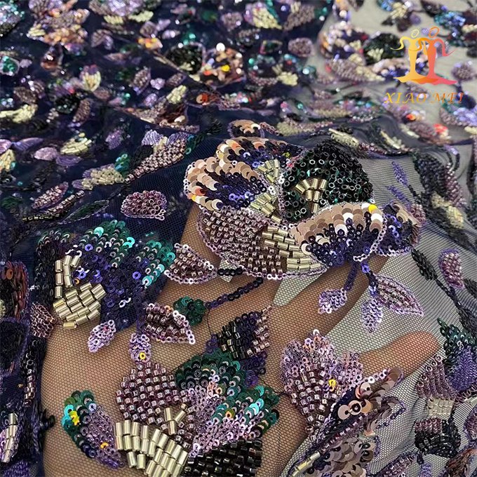 High quality chemical polyester sequin embroidery beaded Evening dress lace fabric XM-CF0141