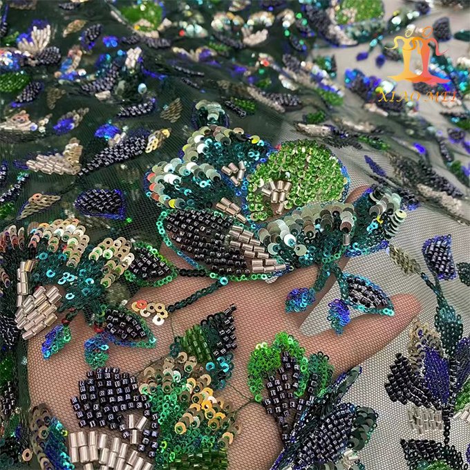High quality chemical polyester sequin embroidery beaded Evening dress lace fabric XM-CF0141