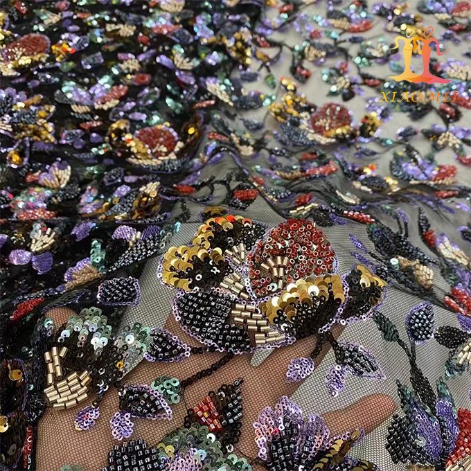 High quality chemical polyester sequin embroidery beaded Evening dress lace fabric XM-CF0141