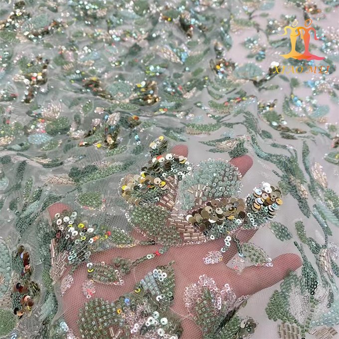 High quality chemical polyester sequin embroidery beaded Evening dress lace fabric XM-CF0141