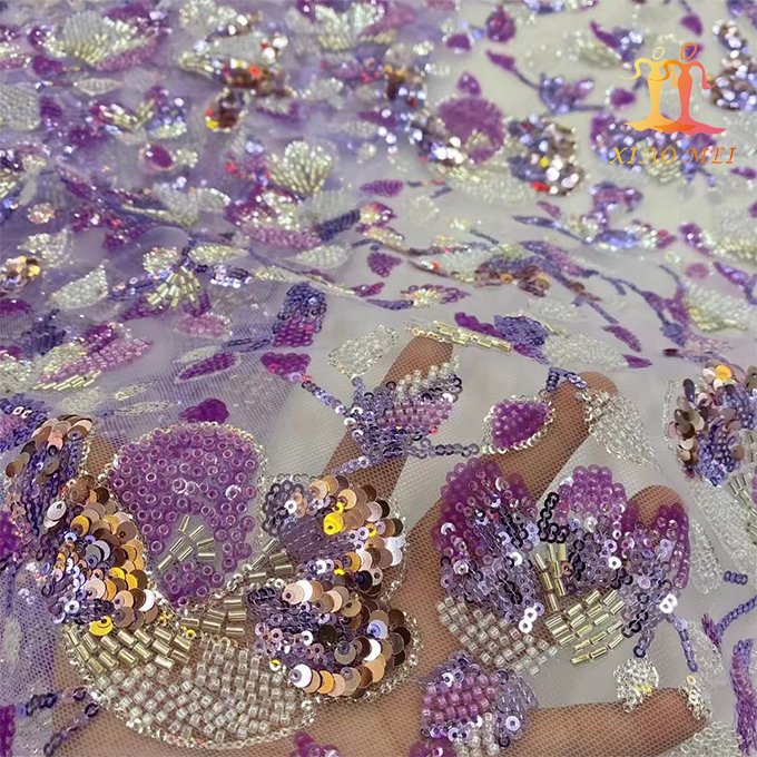 High quality chemical polyester sequin embroidery beaded Evening dress lace fabric XM-CF0141