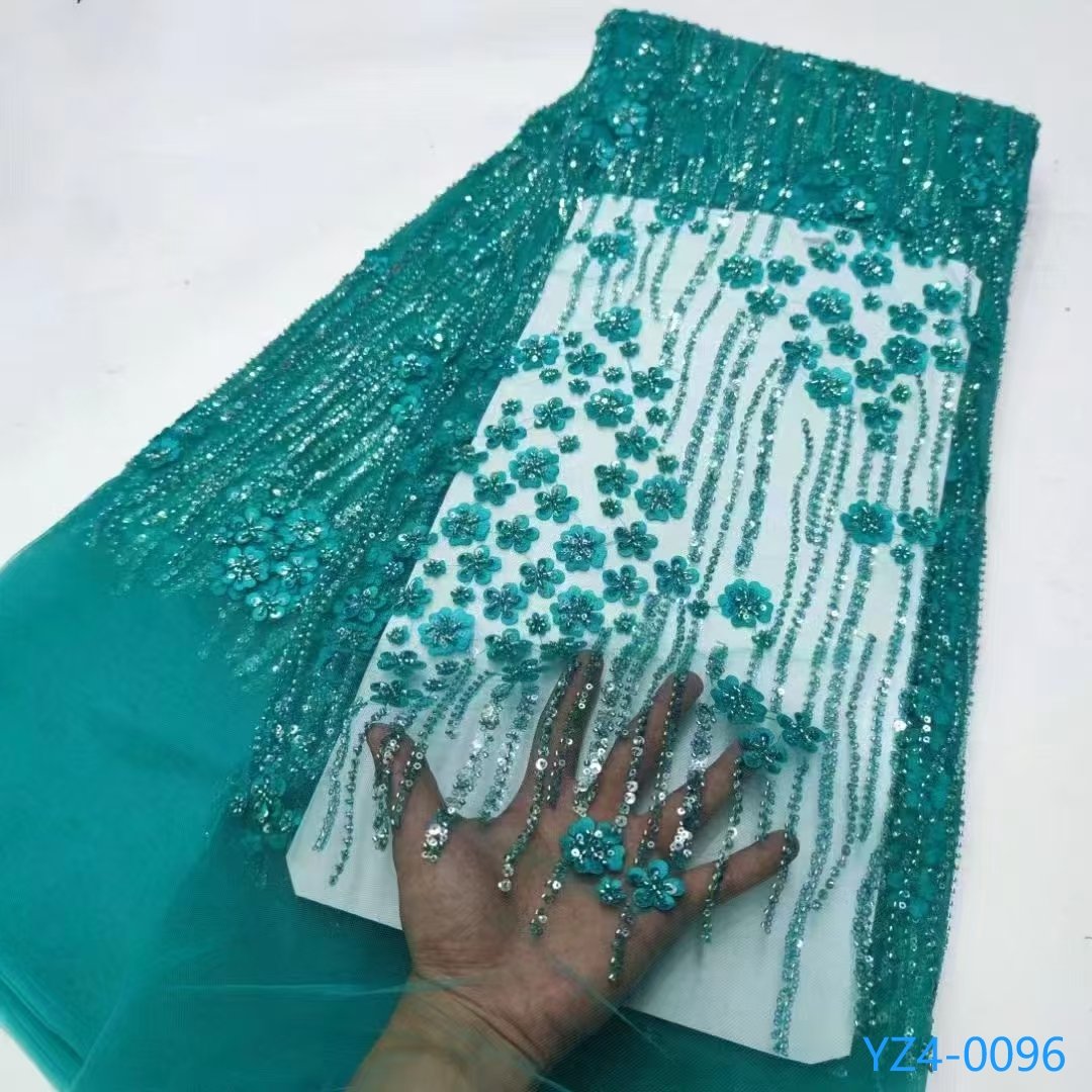 Luxury Wholesale African Golden Beaded Flowers Tulle Lace Fabric Dress Material Sequins Beads Embroidery Lace Fabric For Bridal